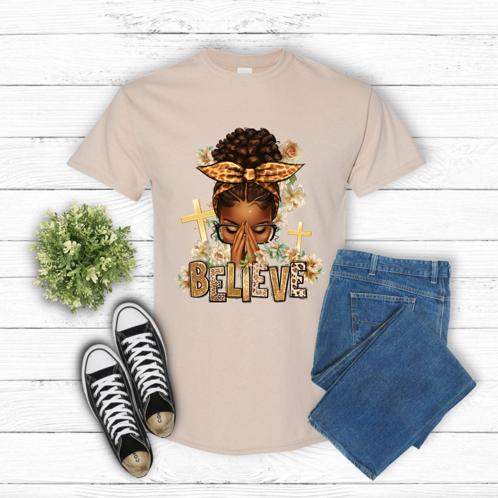 believe Afro Messy Bun Praying Woman – Christian DTF Transfer