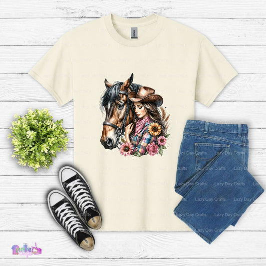 Cowgirl Embracing Horse – Western DTF Transfer