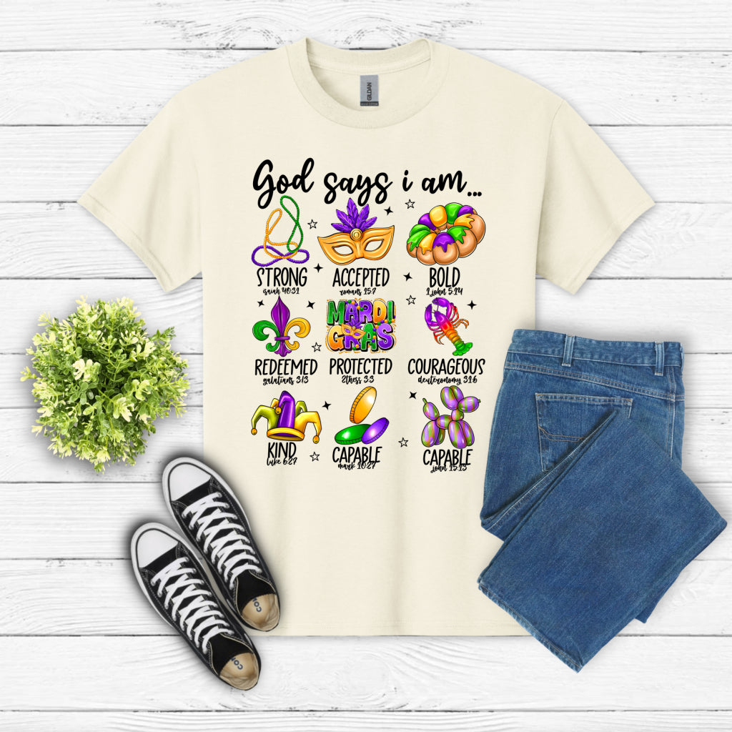 God Says I Am Mardi Gras – Mardi Gras DTF Transfer