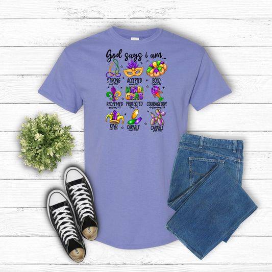 God Says I Am Mardi Gras – Mardi Gras DTF Transfer