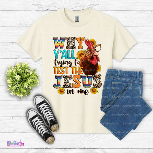 Why Y'all Trying to Test the Jesus in Me – Chicken Humor DTF Transfer
