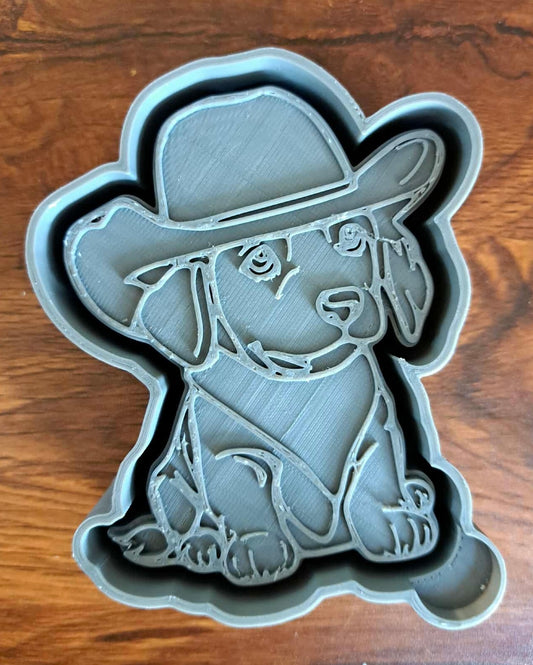 3D dog-shaped mold housing on a wooden surface used to sell silicone molds