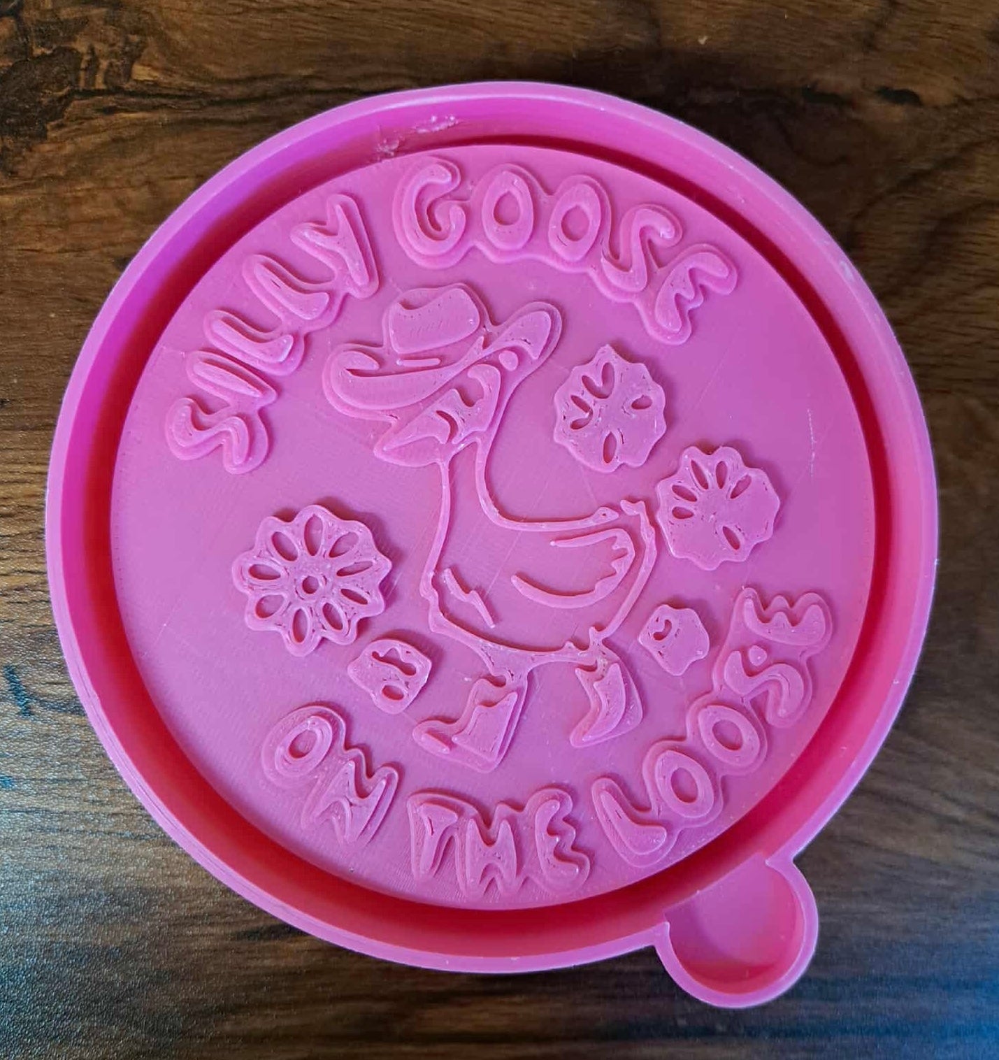 Pink 3d mold housing with 'Silly Goose on the Loose' design on a wooden surface used to sell silicone molds