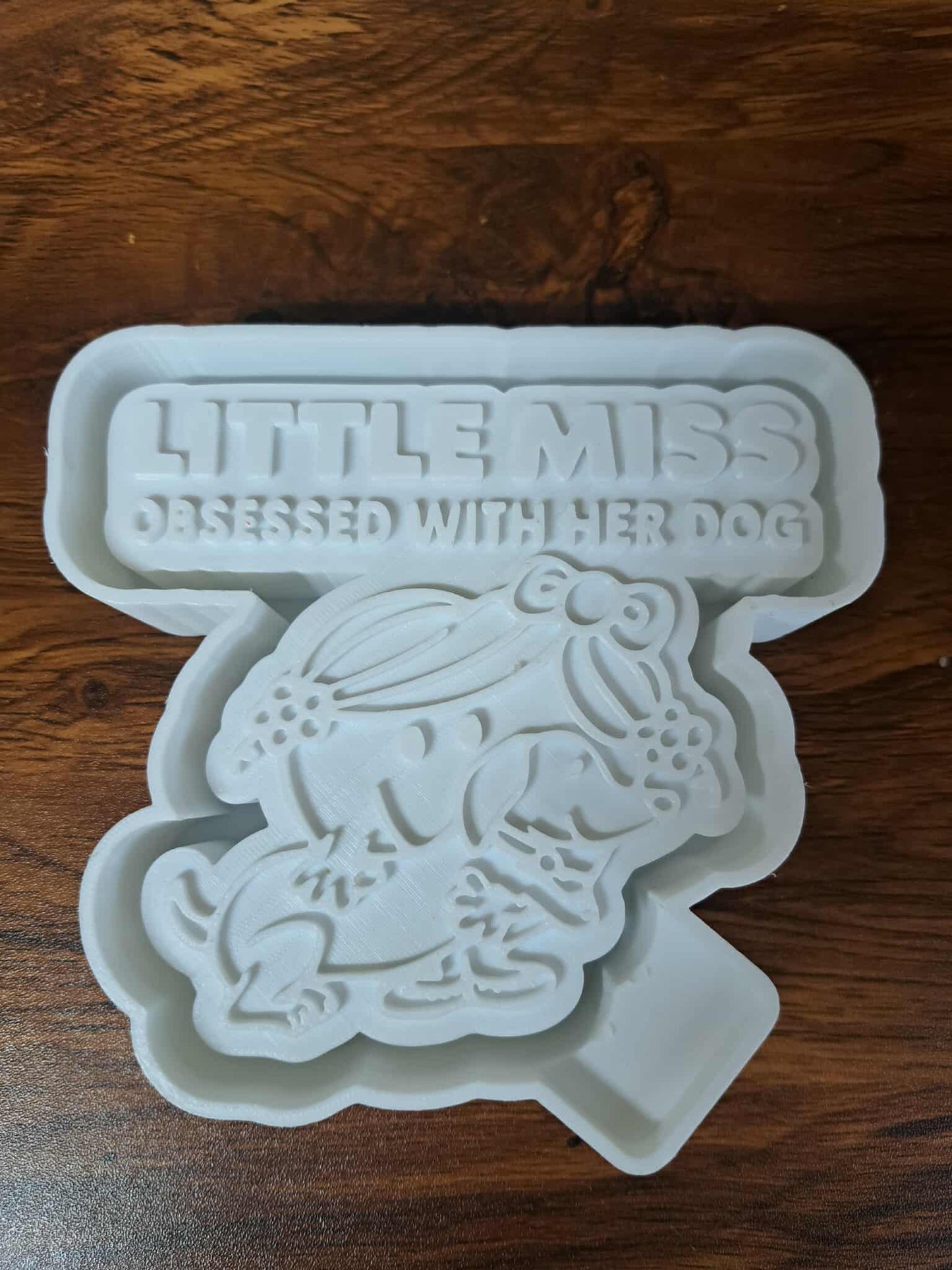 3D Housing with 'Little Miss' and 'Dog' text on a wooden surface used to make silicone molds