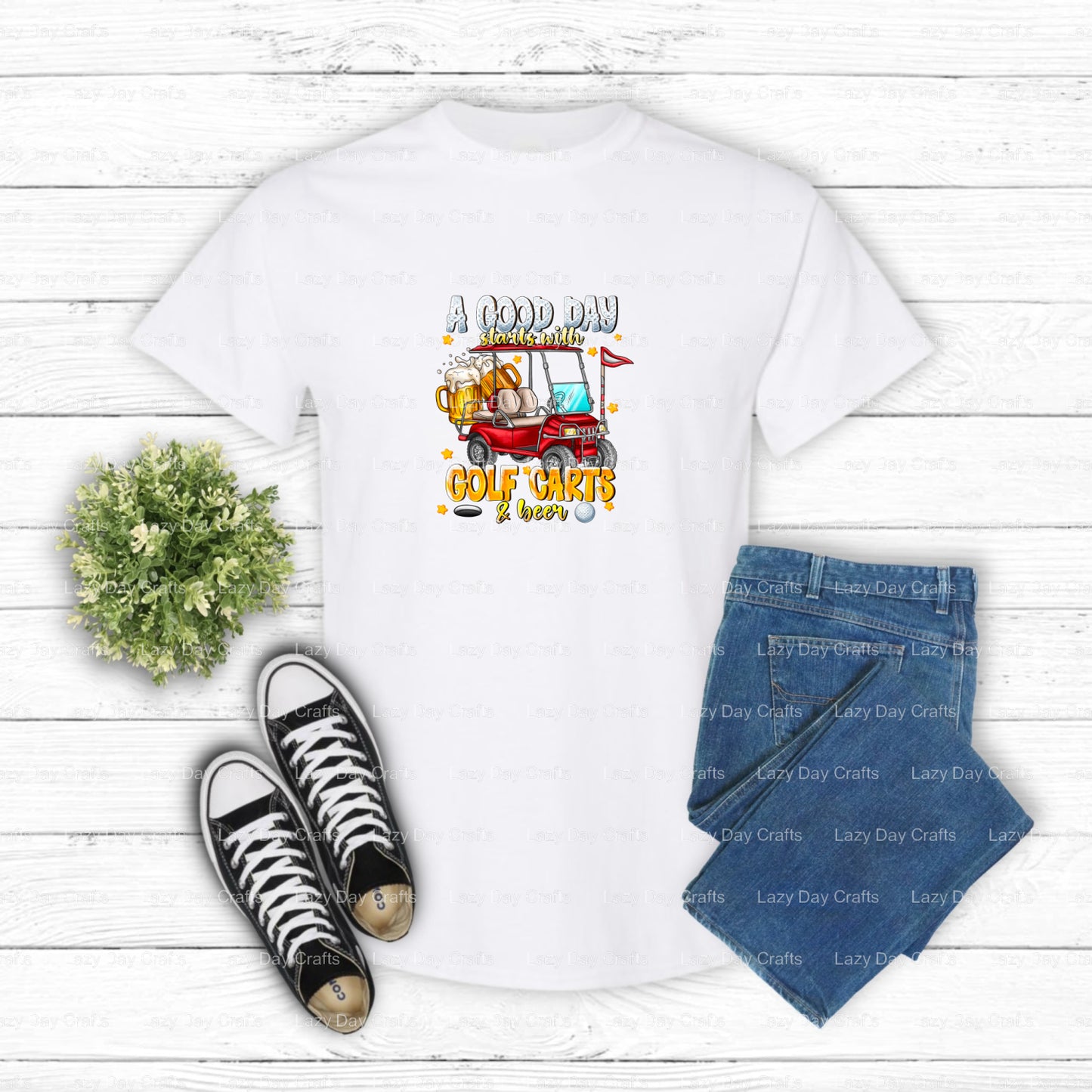 A Good Day Starts With Golf Carts And Beer – Golf DTF Transfer (view 1 of 2) – by Lazy Day Crafts – DTF Transfers – DTF Tr...