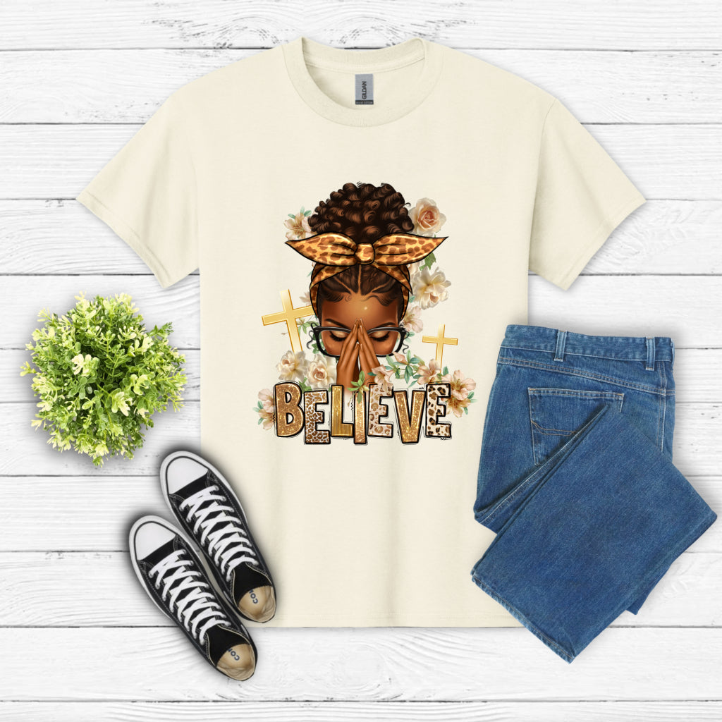 believe Afro Messy Bun Praying Woman – Christian DTF Transfer