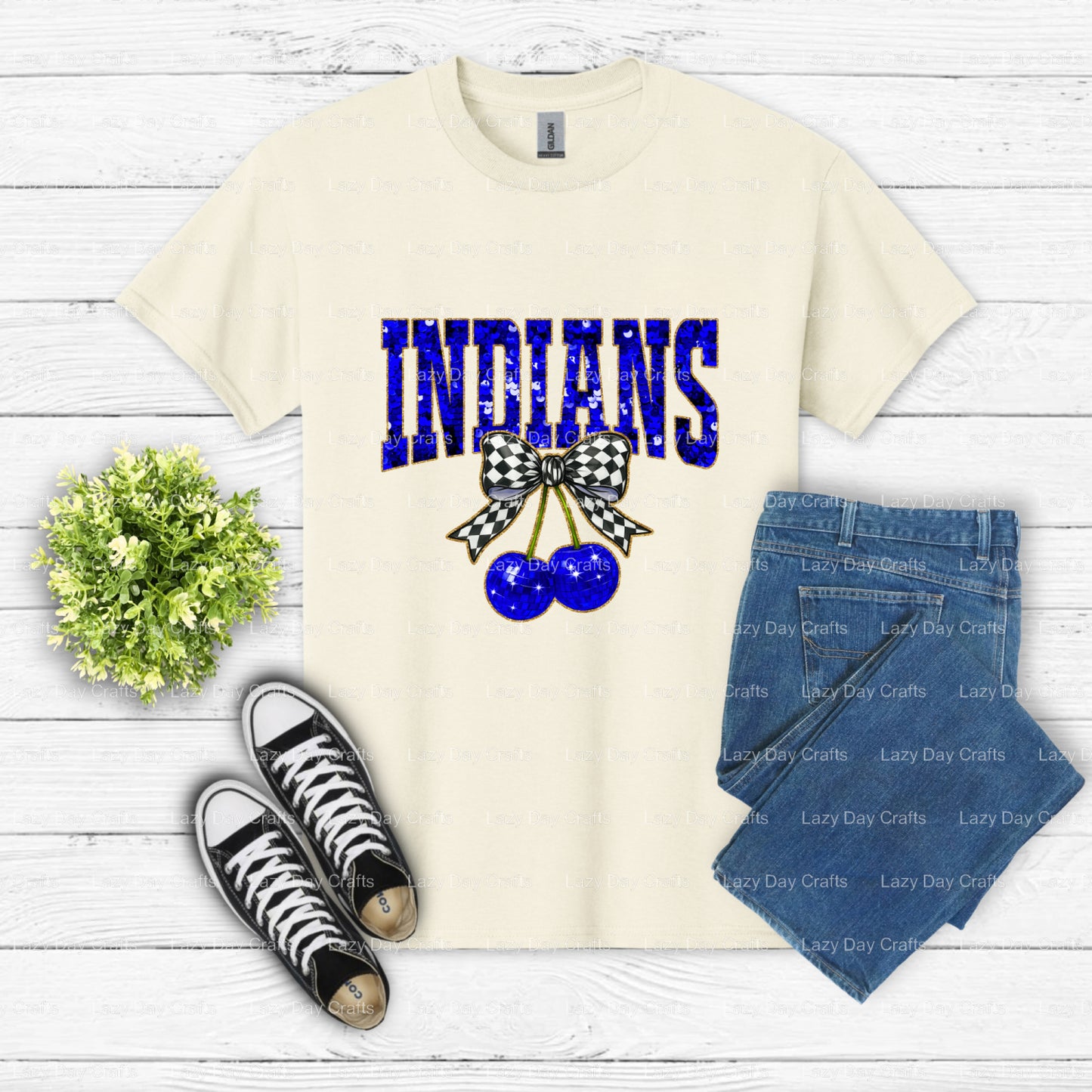 Blue Sequin Indians Mascot – School Spirit DTF Transfer (view 2 of 2) – by Lazy Day Crafts – DTF Transfers – School Mascot...
