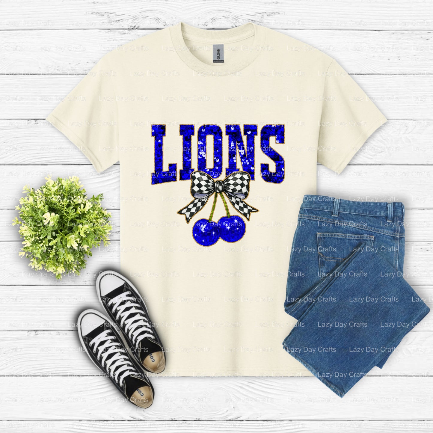 Blue Sequin Lion Mascot Head – School Mascot DTF Transfer (view 2 of 2) – by Lazy Day Crafts – DTF Transfers – School Masc...