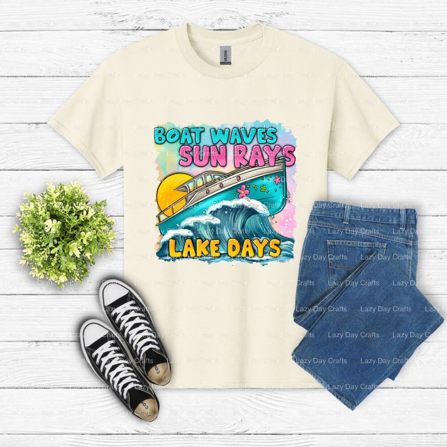 BOAT WAVES SUN RAYS LAKE DAYS – Ready to Press DTF Transfer (view 2 of 2) – by Lazy Day Crafts – DTF Transfers – DTF Trans...
