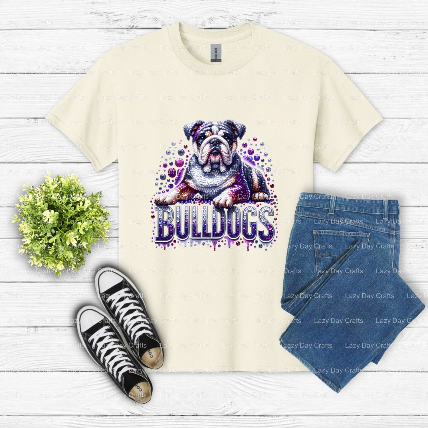 BULLDOGS Purple Sequin Mascot – DTF Transfer (view 2 of 2) – by Lazy Day Crafts – DTF Transfers – School Mascot, Apparel DTF