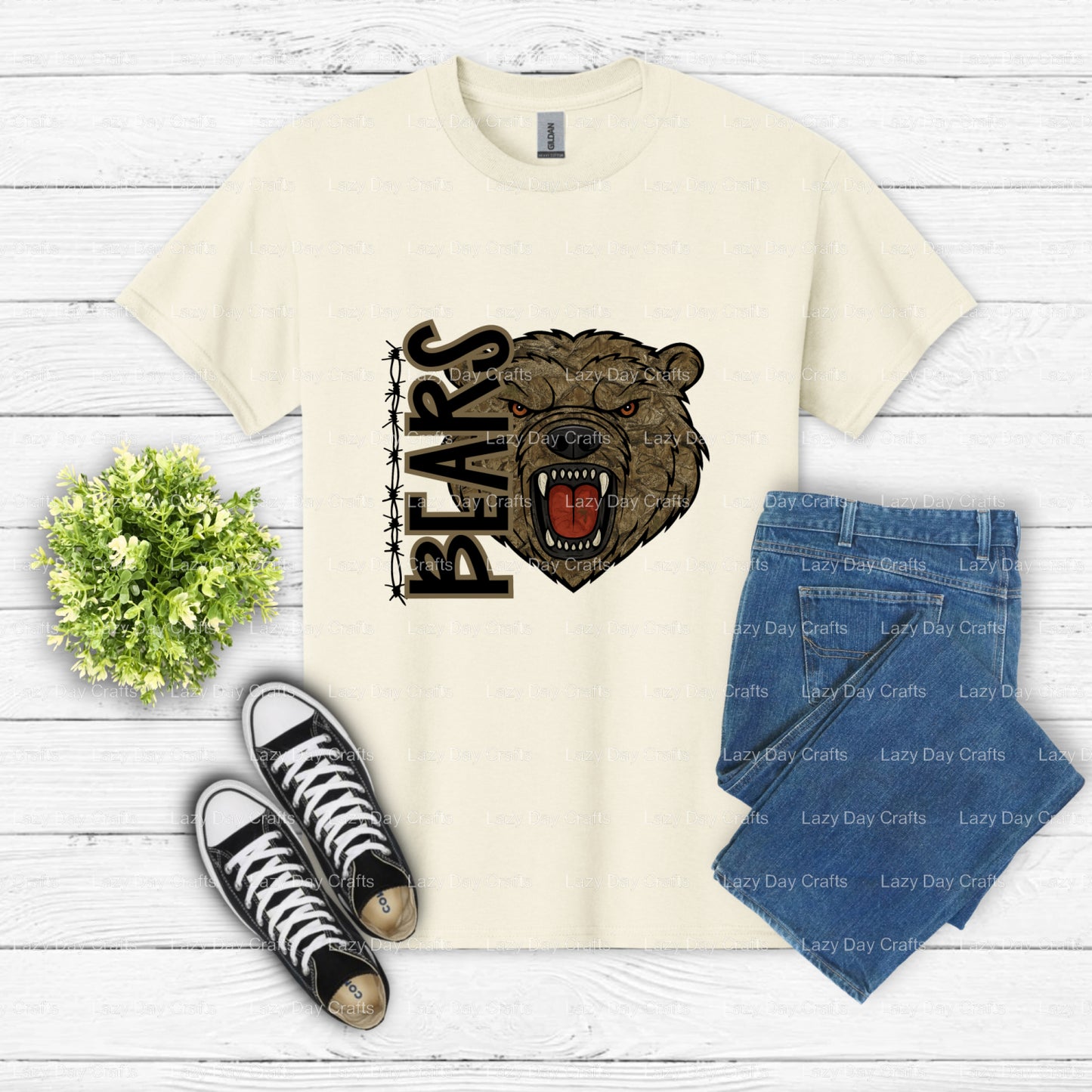 Camo Bear Mascot Head – School Spirit DTF Transfer (view 2 of 2) – by Lazy Day Crafts – DTF Transfers – School Mascot, App...