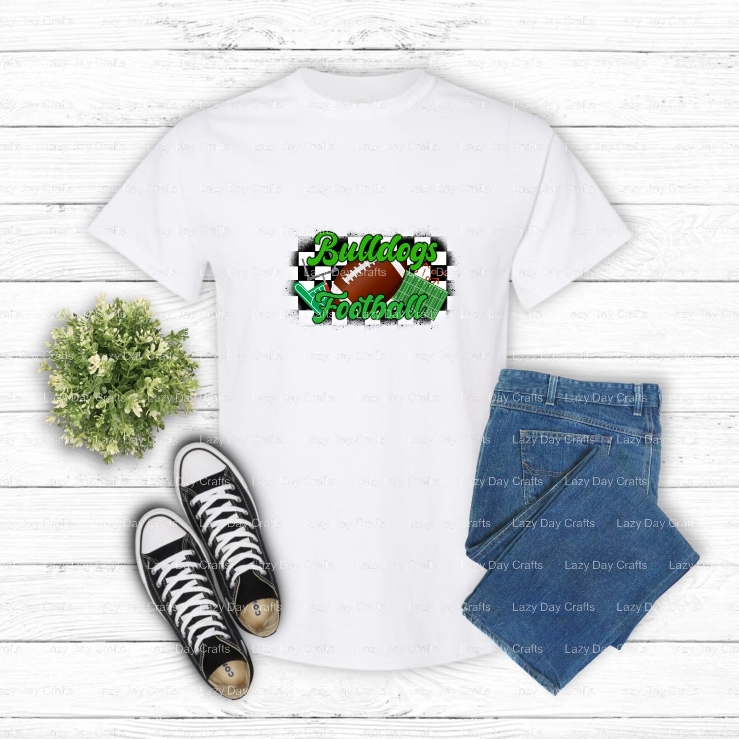 Checkered Bulldogs Football Mascot – School Spirit DTF Transfer (view 1 of 2) – by Lazy Day Crafts – DTF Transfers – DTF T...
