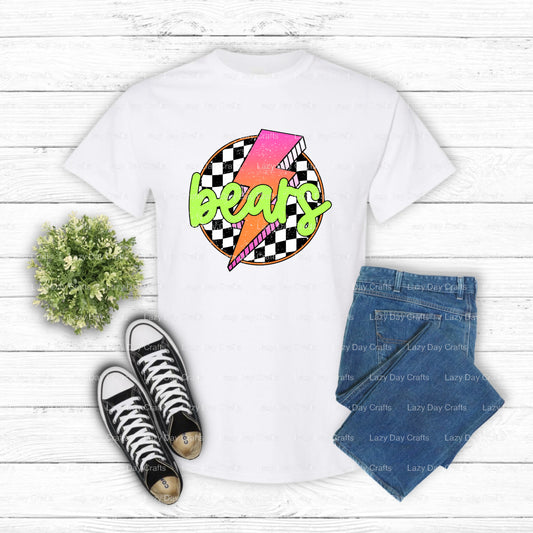 Checkered Lightning Bear Mascot – School Spirit DTF Transfer (view 1 of 2) – by Lazy Day Crafts – DTF Transfers – School M...