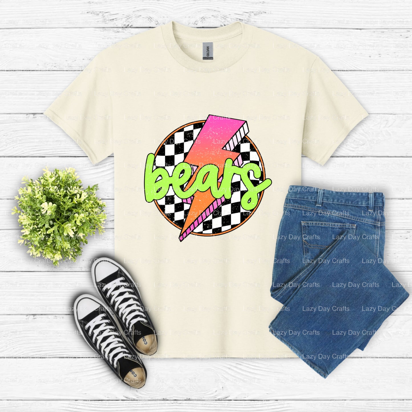 Checkered Lightning Bear Mascot – School Spirit DTF Transfer (view 2 of 2) – by Lazy Day Crafts – DTF Transfers – School M...