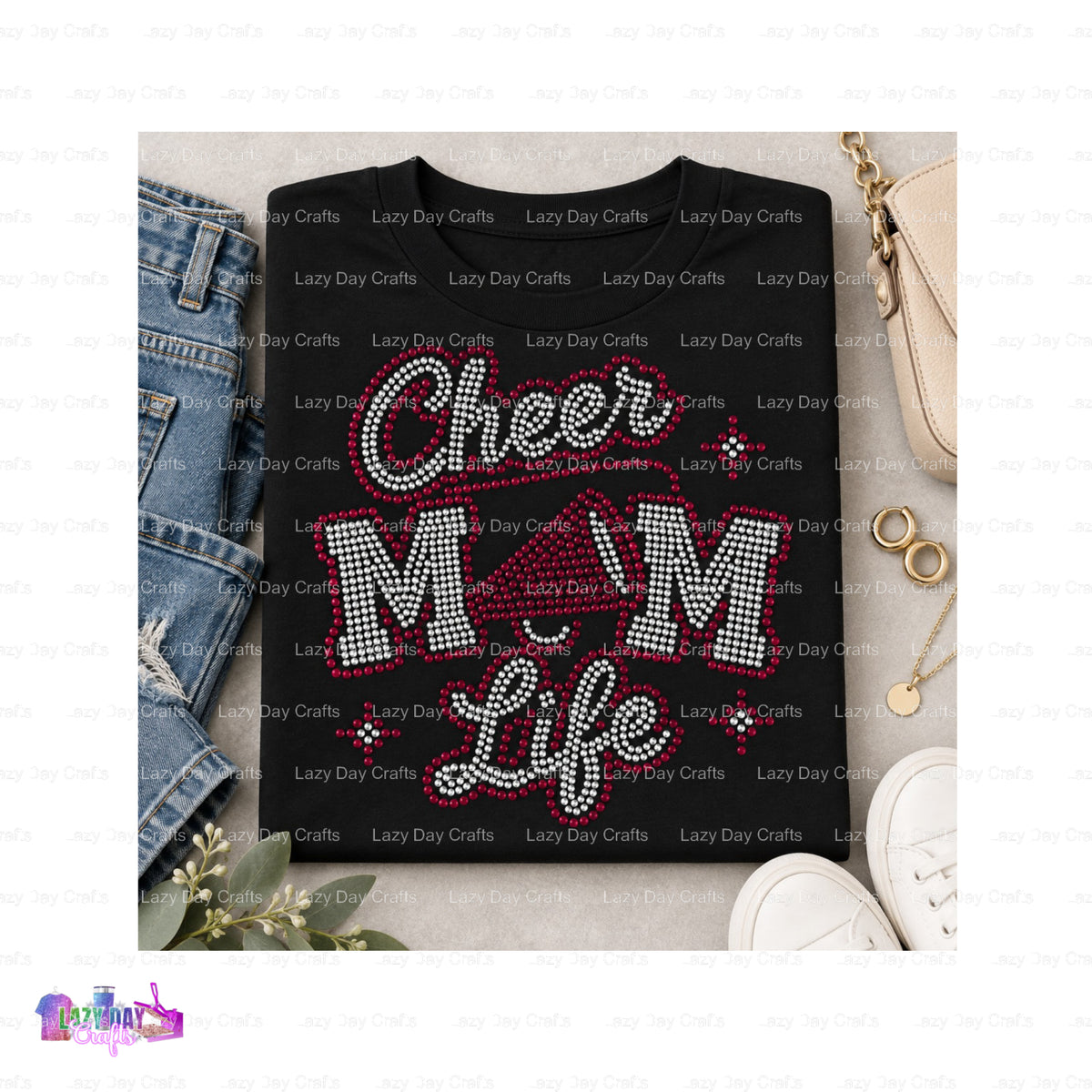 CHEER MOM Life – Custom Apparel Spangle Transfer – by Lazy Day Crafts – Spangle Transfers – Spangle Transfers, Premade DTF
