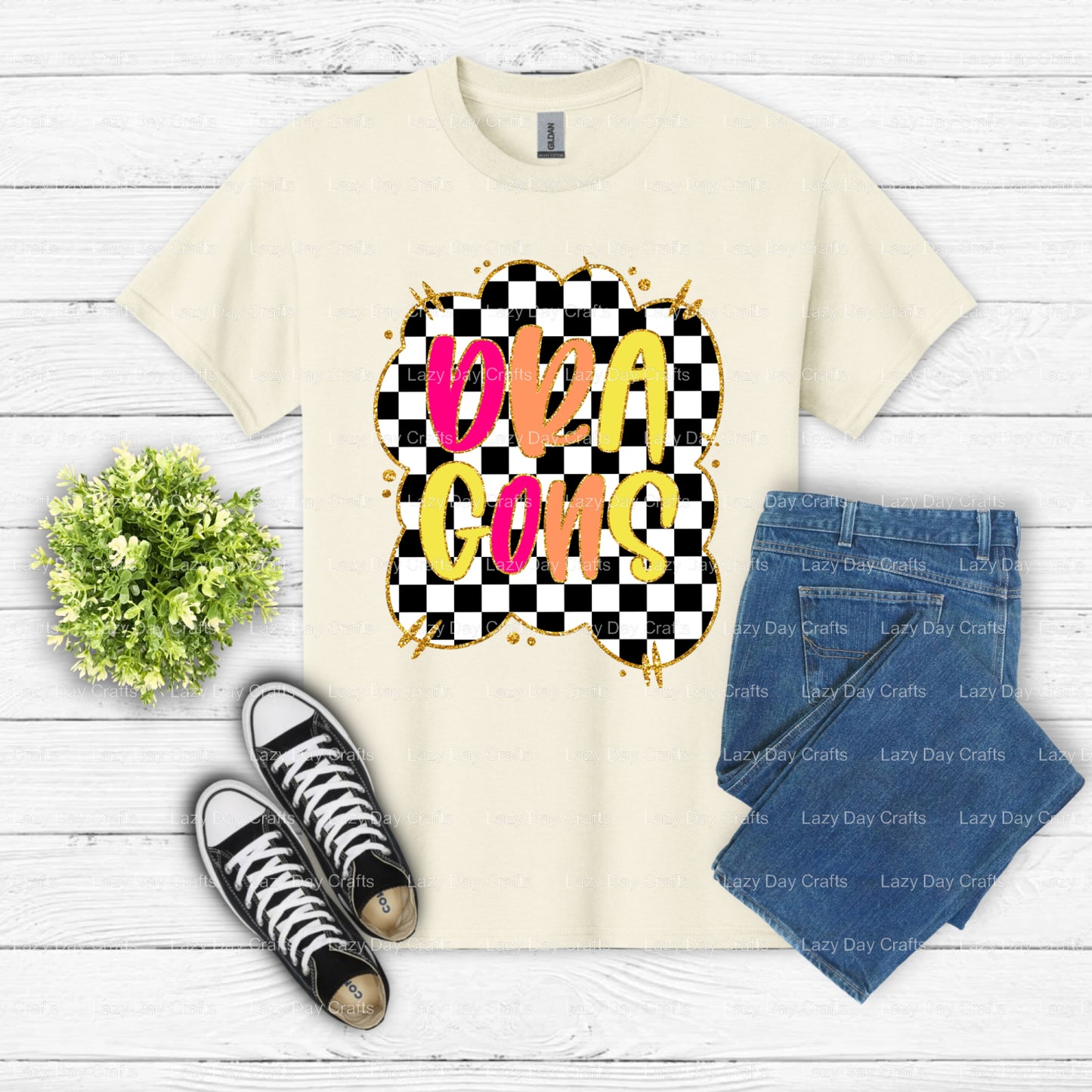 Dragon Mascot Checkerboard – School Mascot DTF Transfer (view 2 of 2) – by Lazy Day Crafts – DTF Transfers – School Mascot...
