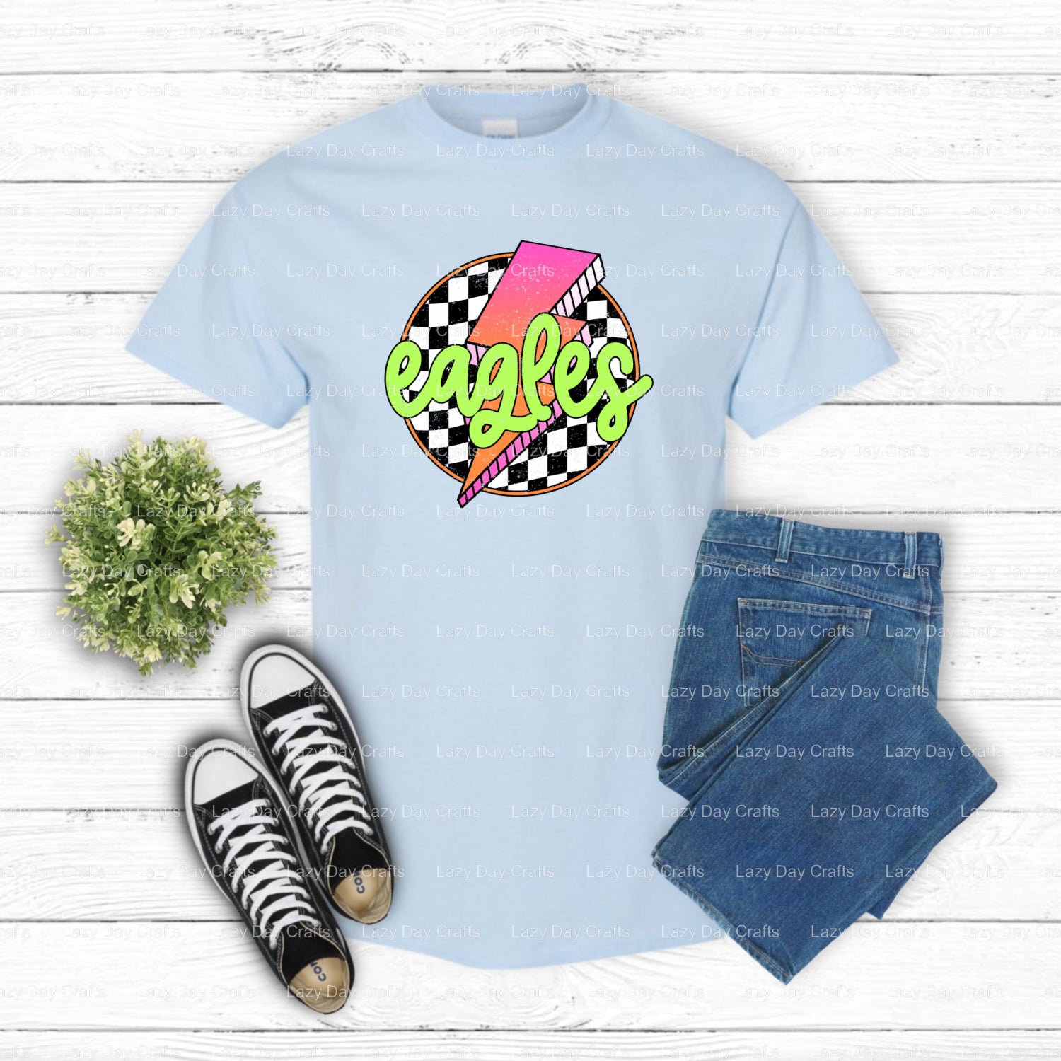 EAGLES Checkered Lightning School Spirit – DTF Transfer (view 1 of 2) – by Lazy Day Crafts – DTF Transfers – School Mascot...