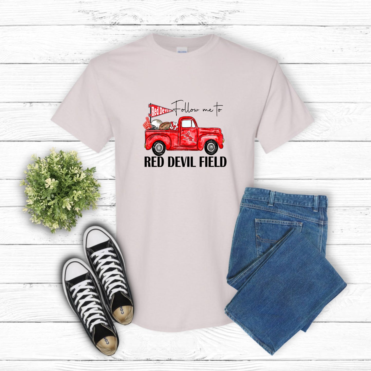 FOLLOW ME TO RED DEVIL – School Mascot DTF Transfer (view 1 of 2) – by Lazy Day Crafts – DTF Transfers – School Mascot, Ap...