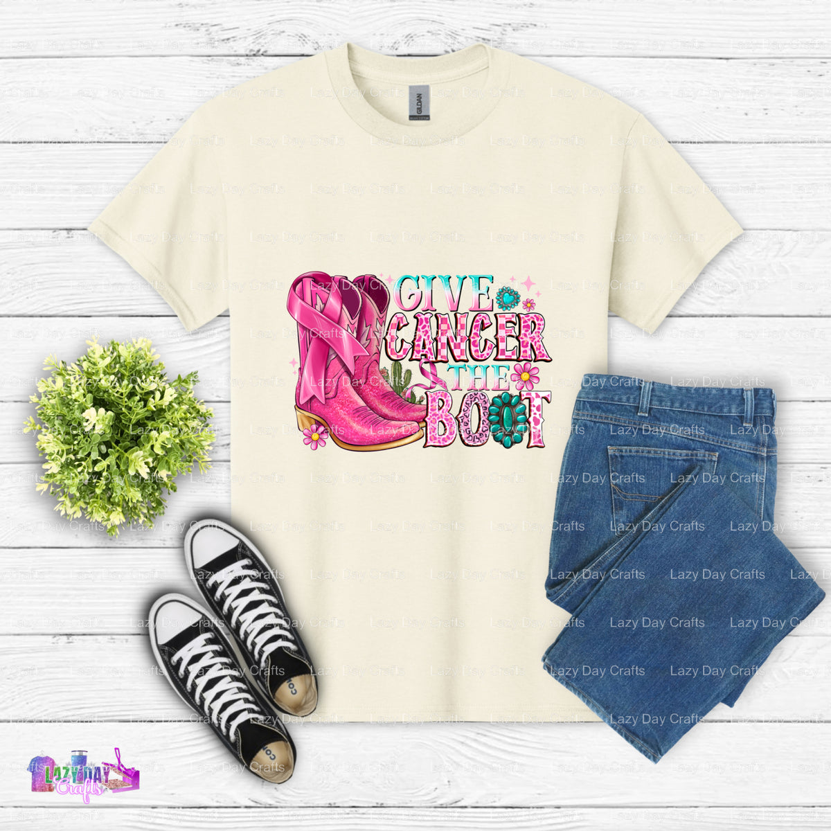GIVE CANCER THE BOOT – Beast Cancer Awareness DTF Transfer (view 2 of 2) – by Lazy Day Crafts – DTF Transfers – DTF Transf...