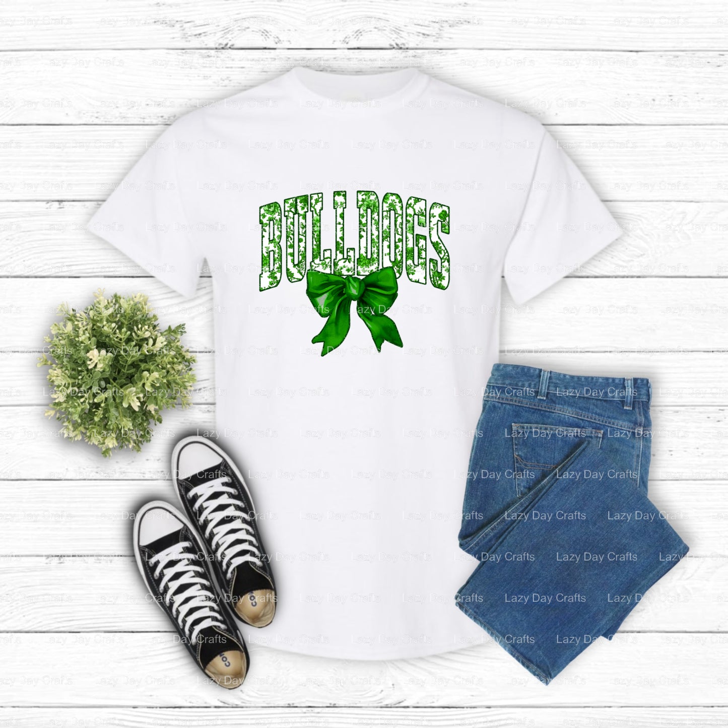Green Bulldog Mascot with Bow – School Mascot DTF Transfer (view 1 of 2) – by Lazy Day Crafts – DTF Transfers – School Mas...