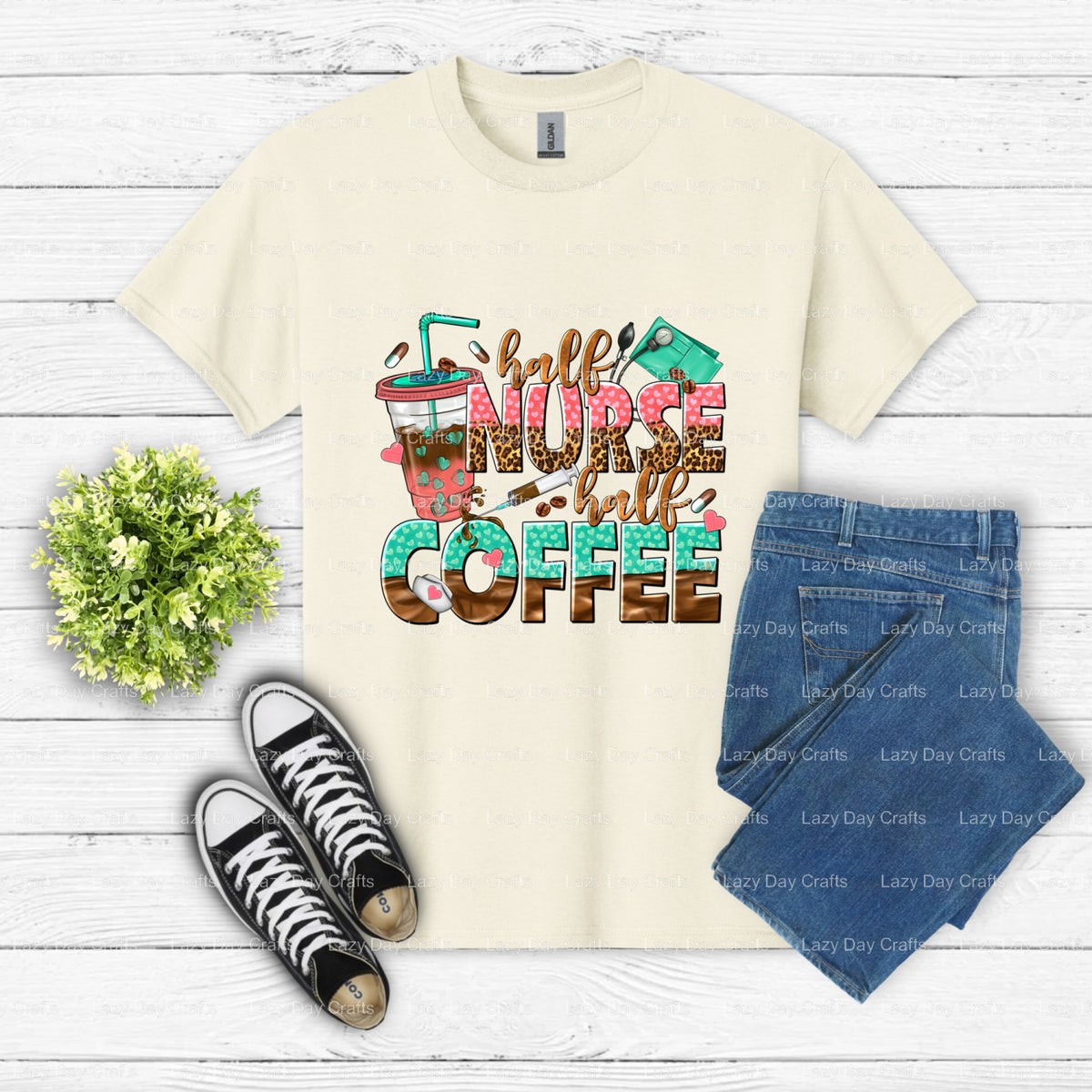 half nurse half coffee – Nurse DTF Transfer (view 2 of 2) – by Lazy Day Crafts – DTF Transfers – Nurse, DTF Transfers