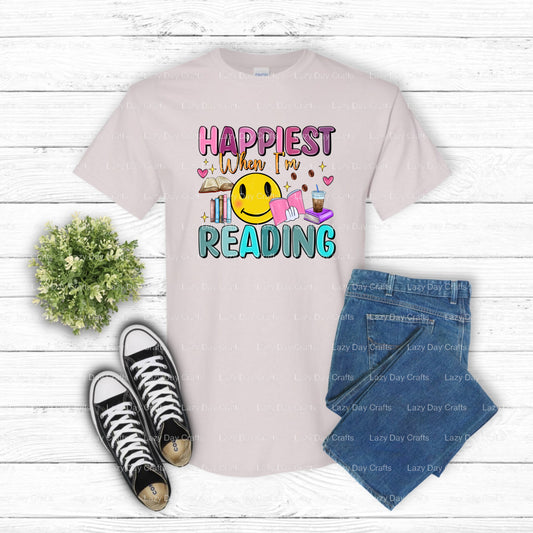 HAPPIEST WHEN I'M READING – DTF Transfers DTF Transfer (view 1 of 2) – by Lazy Day Crafts – DTF Transfers, Premade DTF