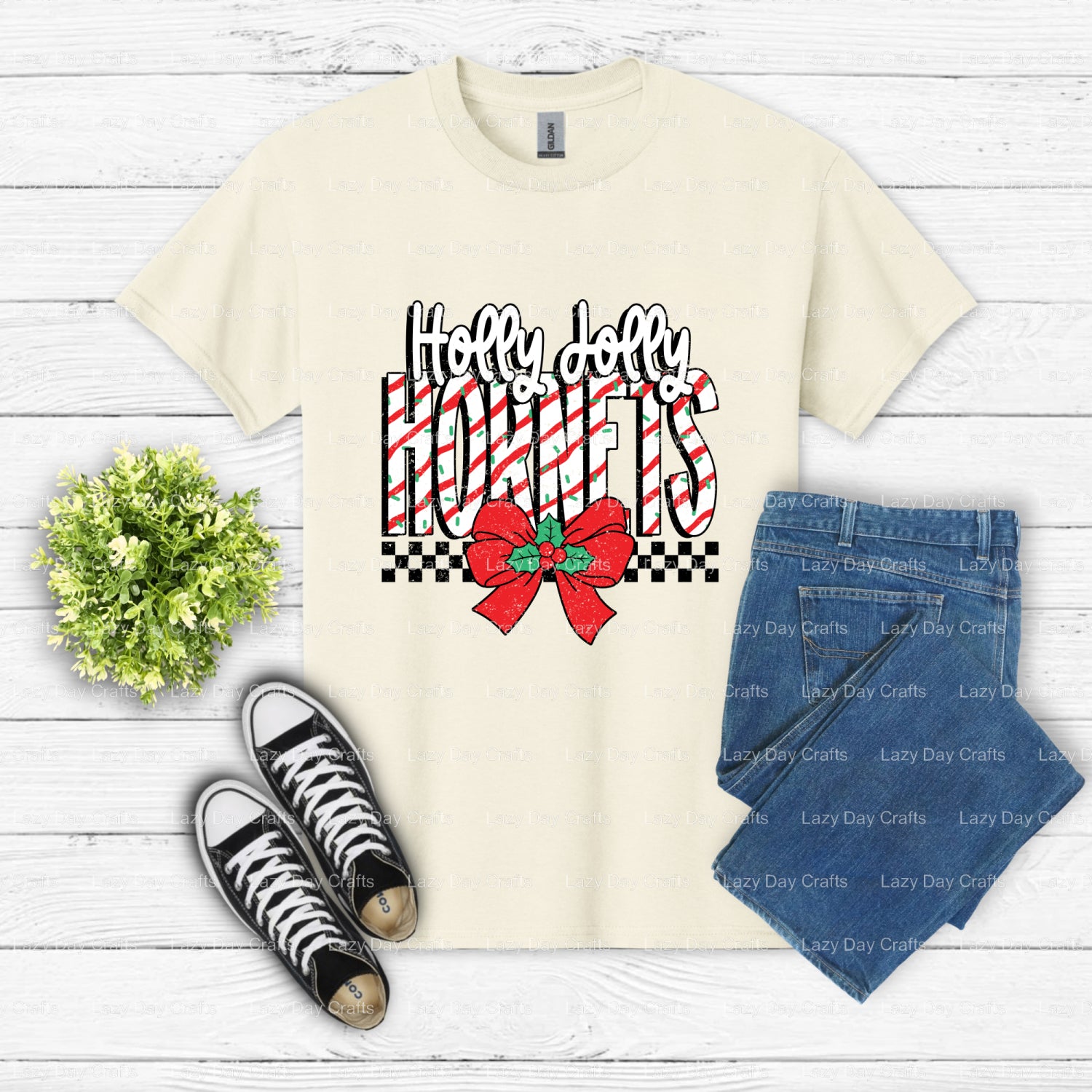 Holly Jolly Hornets – School Mascot DTF Transfer (view 2 of 2) – by Lazy Day Crafts – DTF Transfers – School Mascot, Ready...