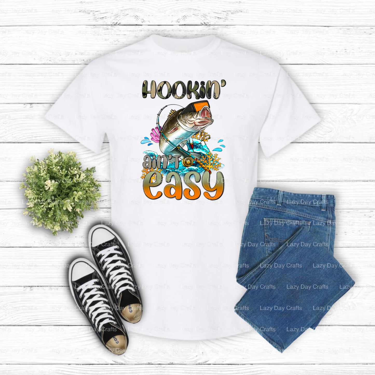 HOOKIN' AIN'T EASY – Fishing DTF Transfer (view 1 of 2) – by Lazy Day Crafts – DTF Transfers – DTF Transfers, custom apparel