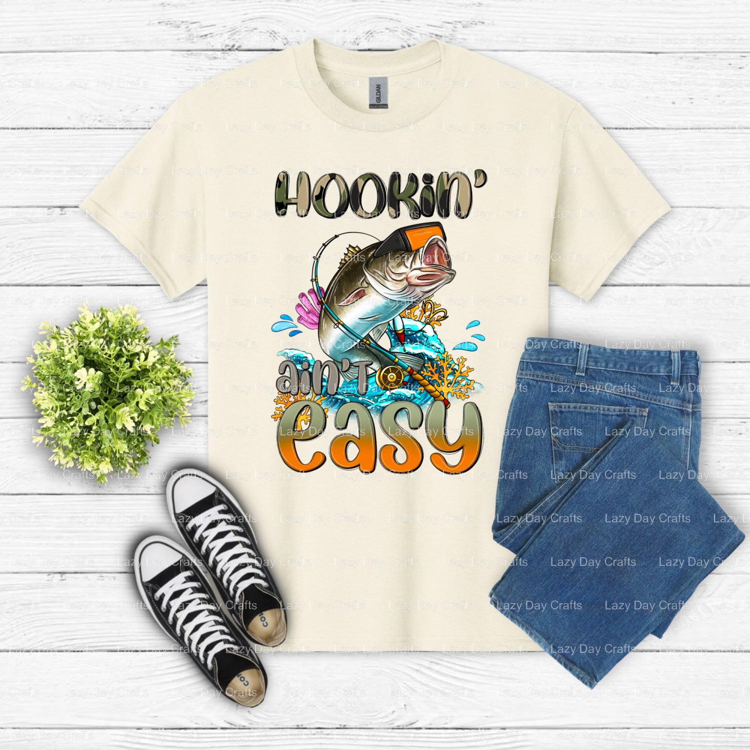 HOOKIN' AIN'T EASY – Fishing DTF Transfer (view 2 of 2) – by Lazy Day Crafts – DTF Transfers – DTF Transfers, custom apparel