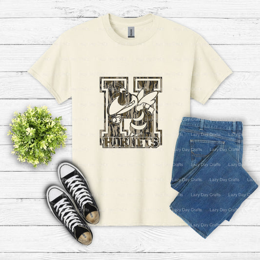 HORNETS Camo School Mascot – DTF Transfer (view 1 of 2) – by Lazy Day Crafts – DTF Transfers – School Mascot, DTF Transfer