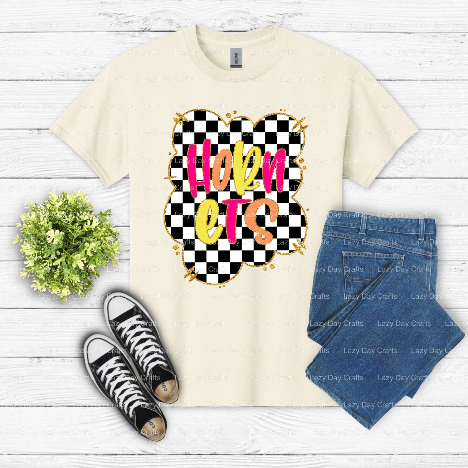 Hornets Mascot Checkerboard – School Spirit DTF Transfer (view 2 of 2) – by Lazy Day Crafts – DTF Transfers – School Masco...