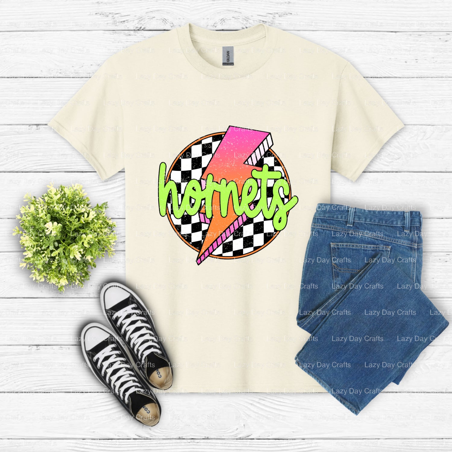 Hornets Mascot Checkered Lightning – School Spirit DTF Transfer (view 2 of 2) – by Lazy Day Crafts – DTF Transfers – Schoo...