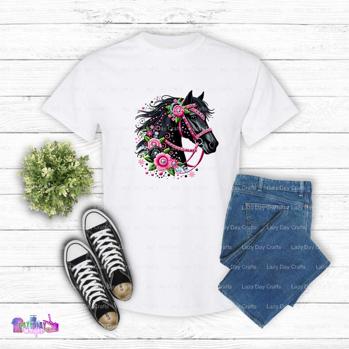Horse with Pink Flowers – DTF Transfers (view 1 of 2) – by Lazy Day Crafts – DTF Transfers, custom apparel
