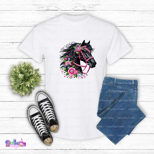 Horse with Pink Flowers – DTF Transfers (view 1 of 2) – by Lazy Day Crafts – DTF Transfers, custom apparel