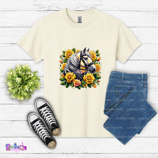 Horse with Roses – DTF Transfer (view 1 of 2) – by Lazy Day Crafts – DTF Transfers – DTF Transfers, custom apparel