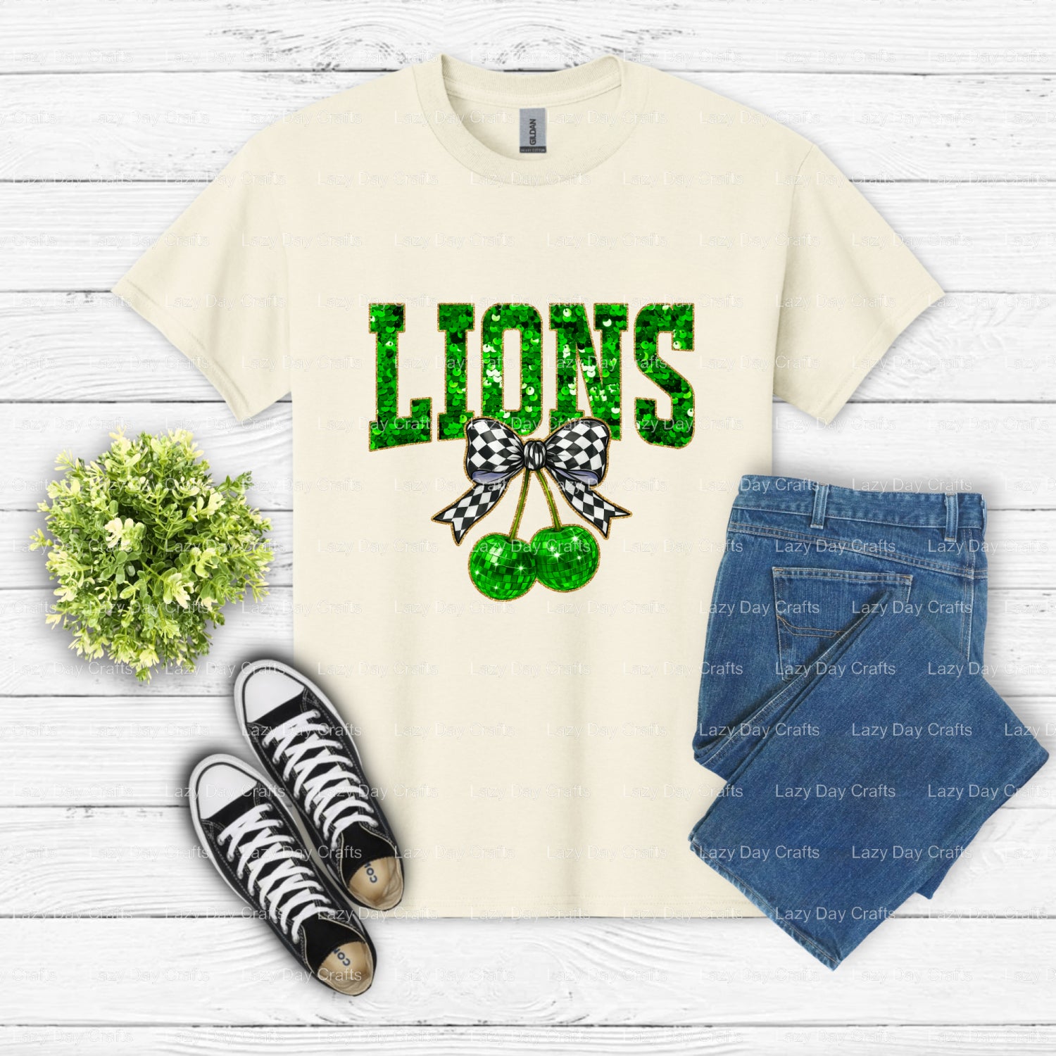 LIONS Green Sequin Mascot – School Spirit DTF Transfer (view 2 of 2) – by Lazy Day Crafts – DTF Transfers – School Mascot,...