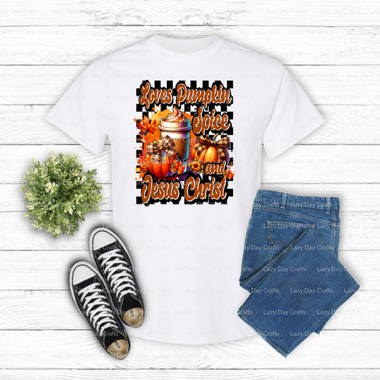 LOVES PUMPKIN SPICE AND JESUS – DTF Transfer (view 1 of 2) – by Lazy Day Crafts – DTF Transfers – DTF Transfers, custom ap...
