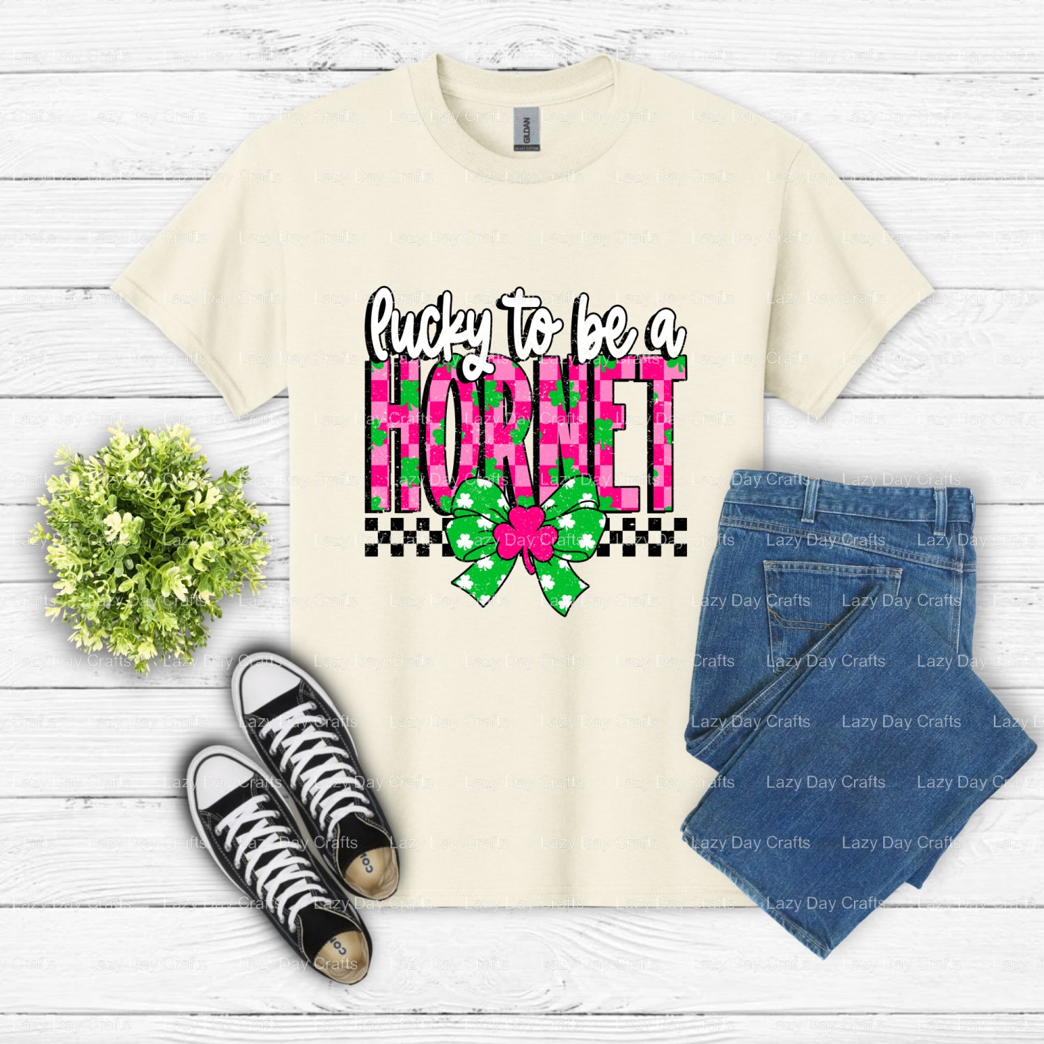 Lucky To Be A Hornet – School Mascot DTF Transfer (view 2 of 2) – by Lazy Day Crafts – DTF Transfers – School Mascot, Read...