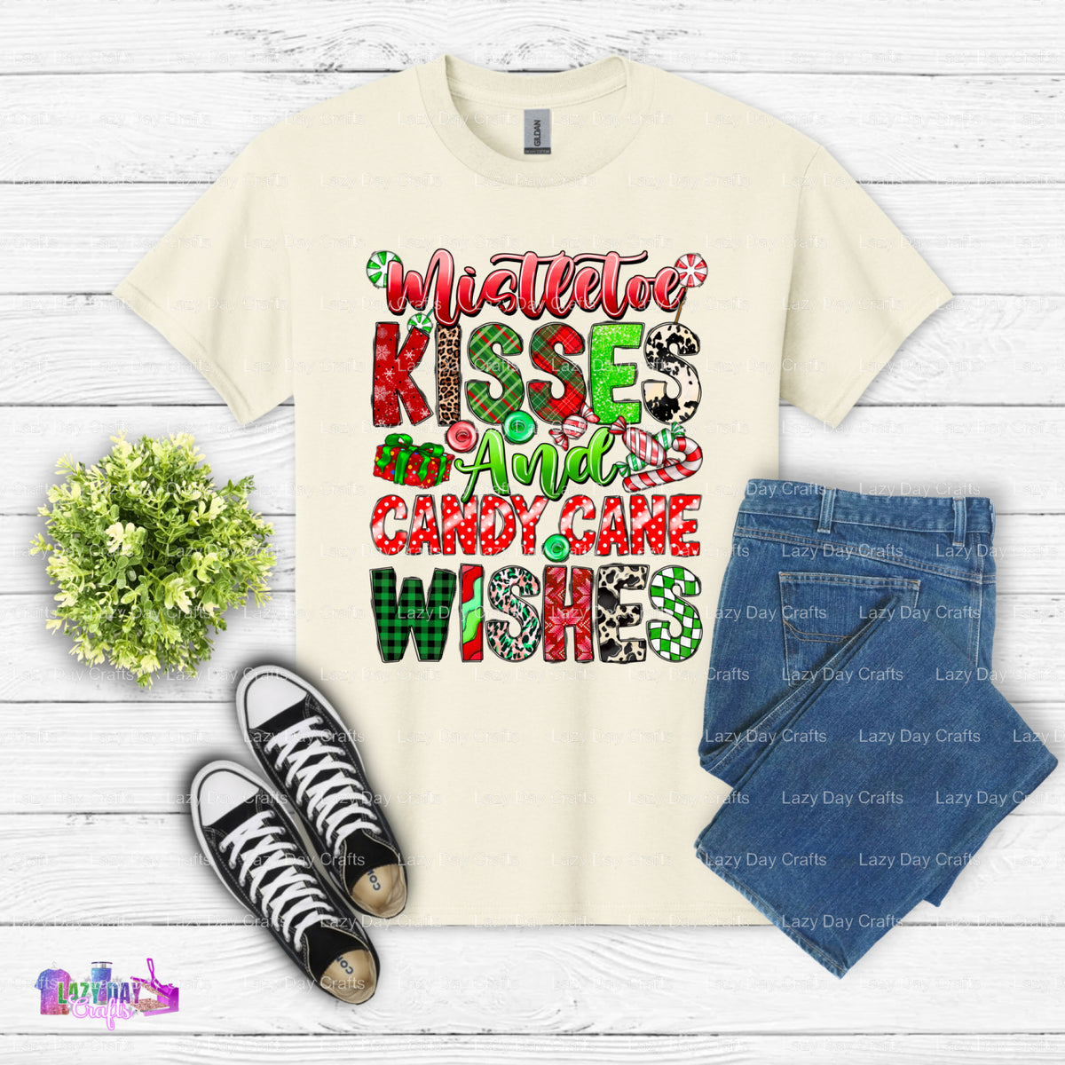 Mistletoe Kisses And Candy Cane Wishes – DTF Transfer (view 2 of 2) – by Lazy Day Crafts – DTF Transfers – DTF Transfers,...