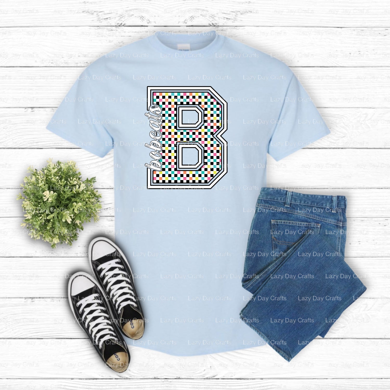 Neon Checkerboard Bobcats Mascot – School Spirit DTF Transfer (view 1 of 2) – by Lazy Day Crafts – DTF Transfers – School...