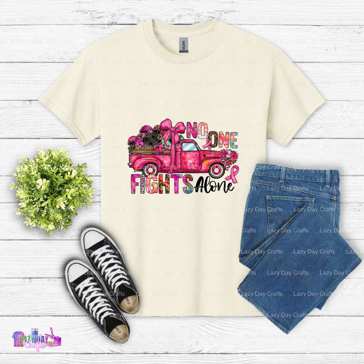 No One Fights Alone – Breast Cancer Awareness DTF Transfer (view 1 of 2) – by Lazy Day Crafts – DTF Transfers – DTF Transf...