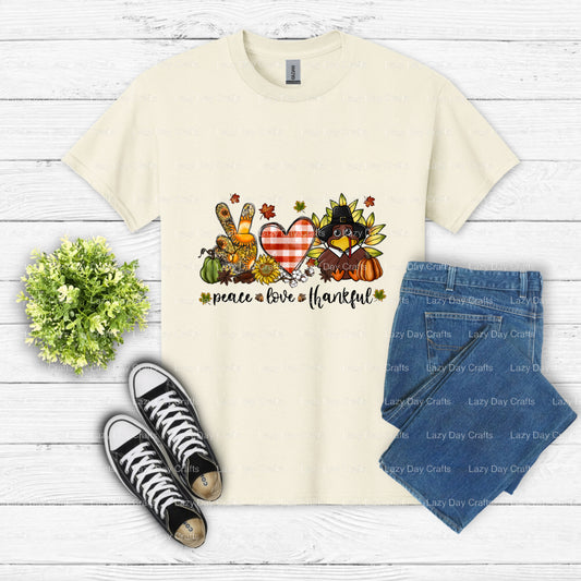 Peace Love Thankful – Thanksgiving DTF Transfer (view 2 of 2) – by Lazy Day Crafts – DTF Transfers – DTF Transfers, custom...