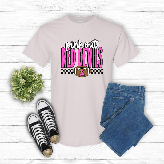 PINK OUT Red Devils Football – School Spirit DTF Transfer (view 1 of 2) – by Lazy Day Crafts – DTF Transfers – School Spir...