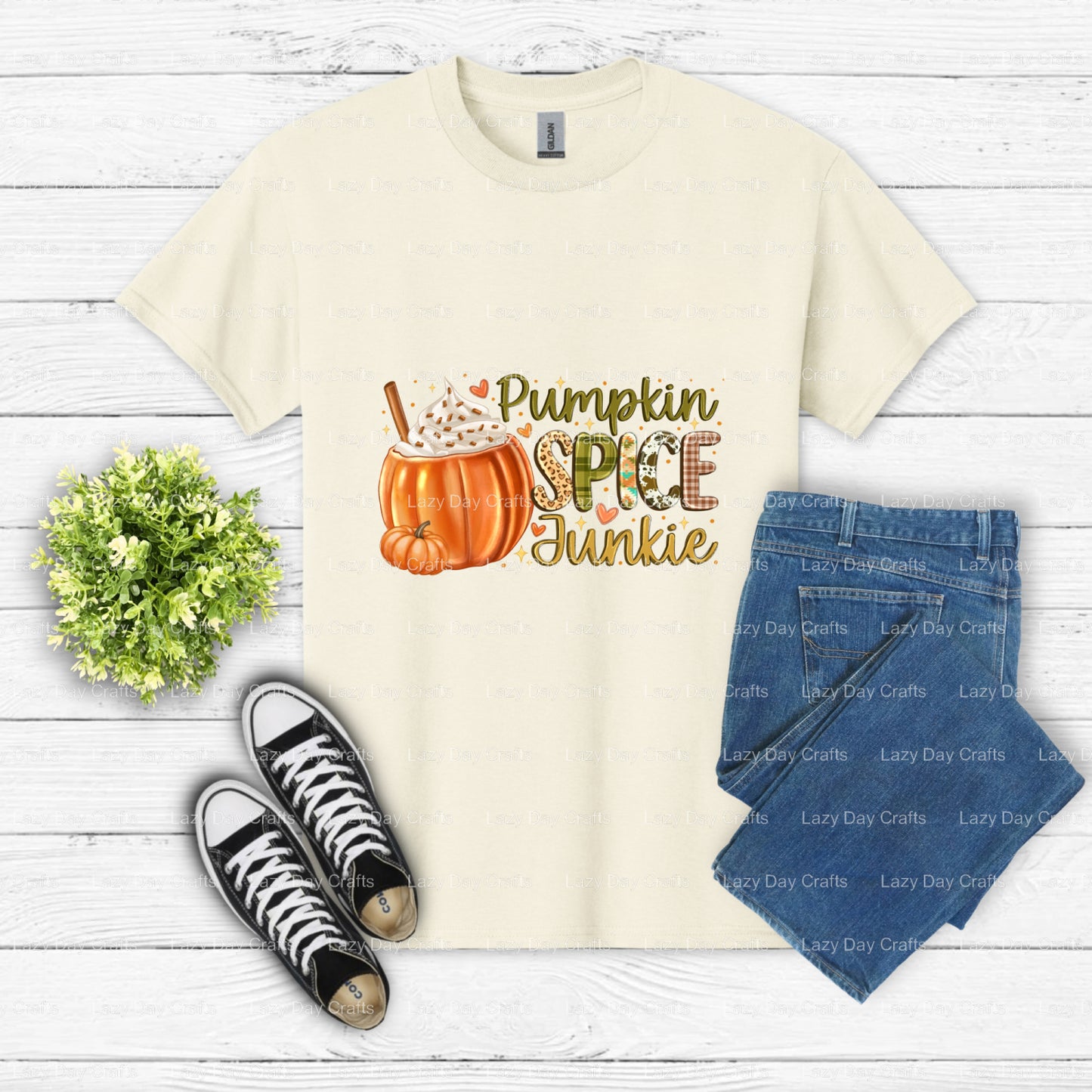 Pumpkin Spice Junkie Ready to Press DTF Transfer (view 2 of 2) – by Lazy Day Crafts – DTF Transfers – DTF Transfers, custo...