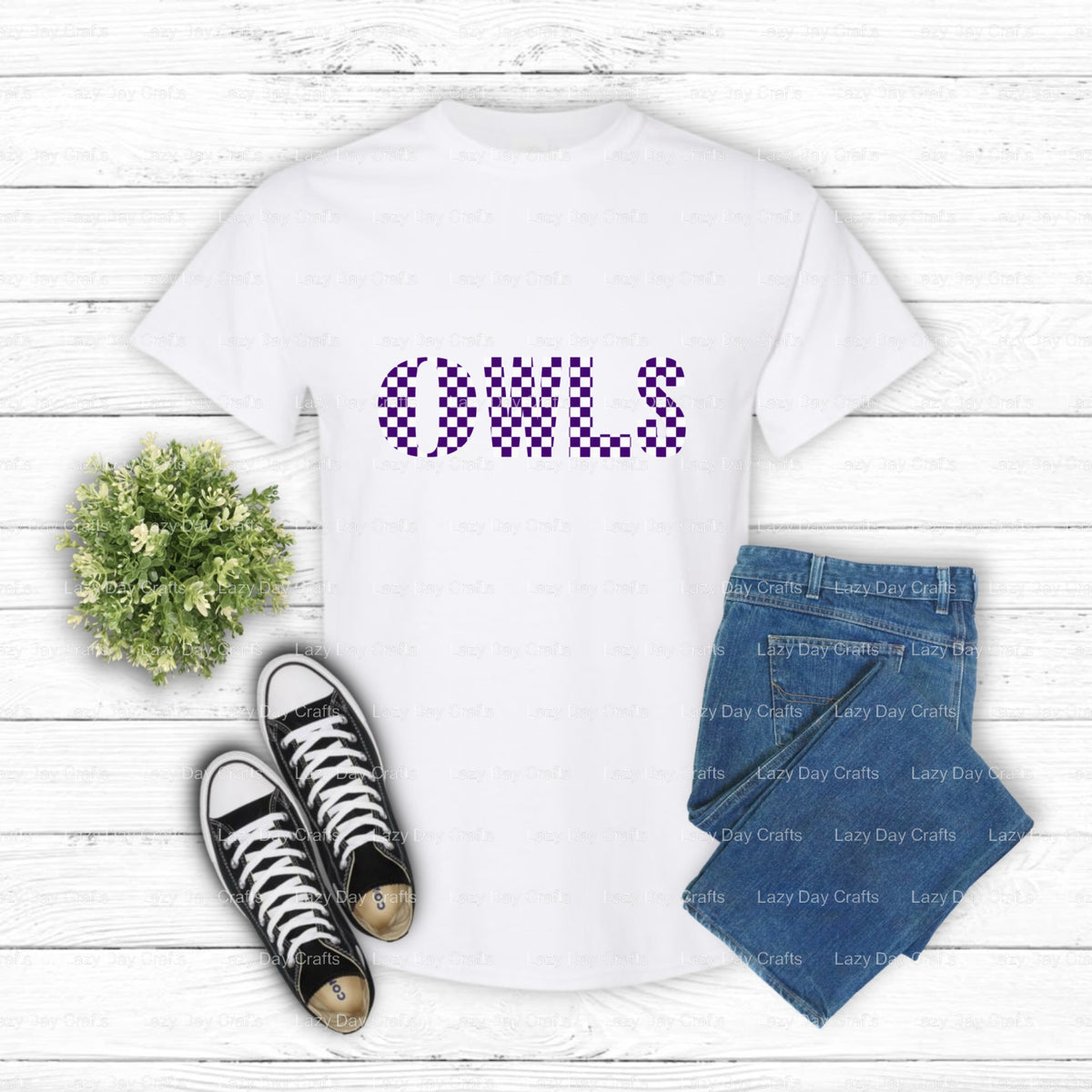 Purple and White Checkered Owl Mascot – School Spirit DTF Transfer (view 1 of 2) – by Lazy Day Crafts – DTF Transfers – Sc...