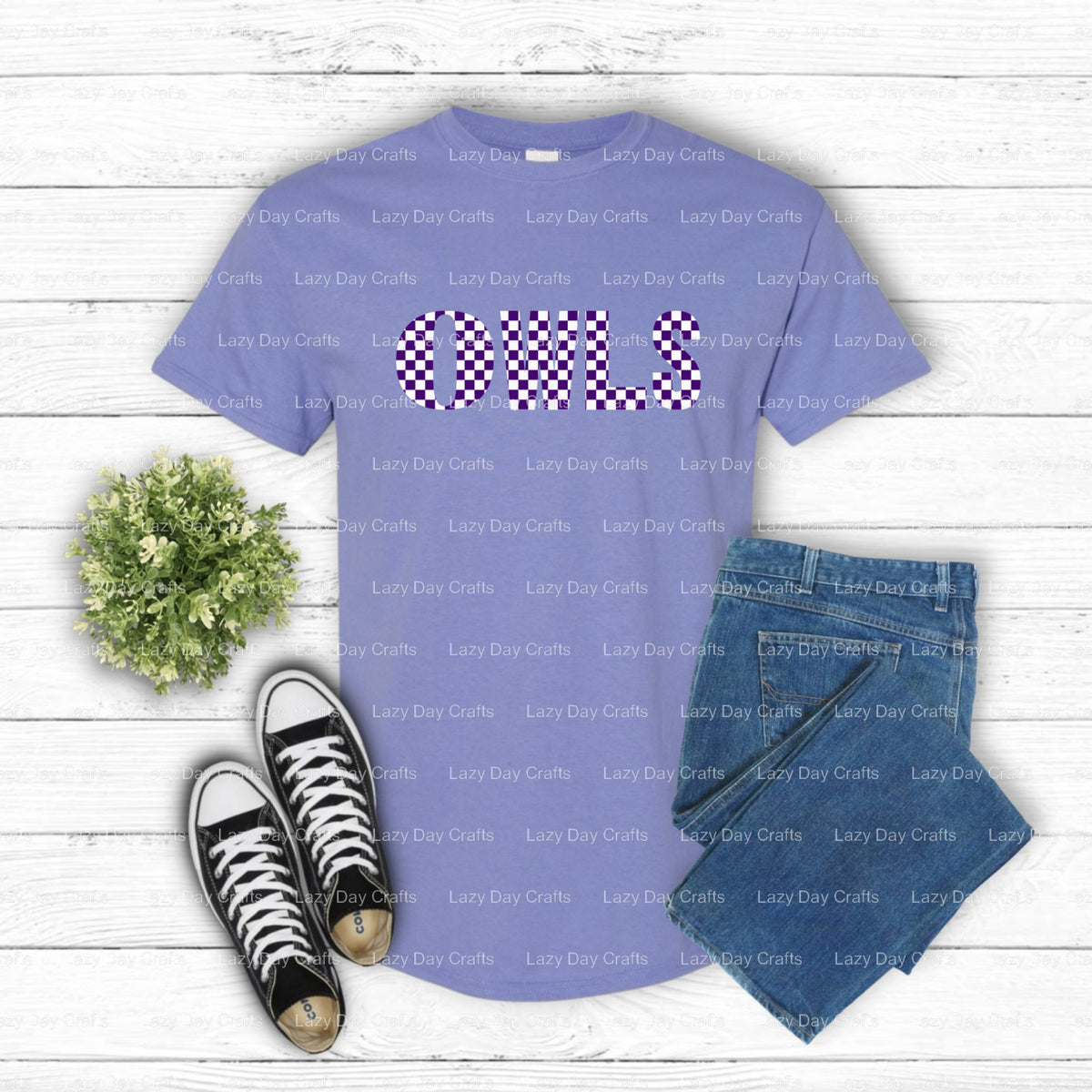 Purple and White Checkered Owl Mascot – School Spirit DTF Transfer (view 2 of 2) – by Lazy Day Crafts – DTF Transfers – Sc...