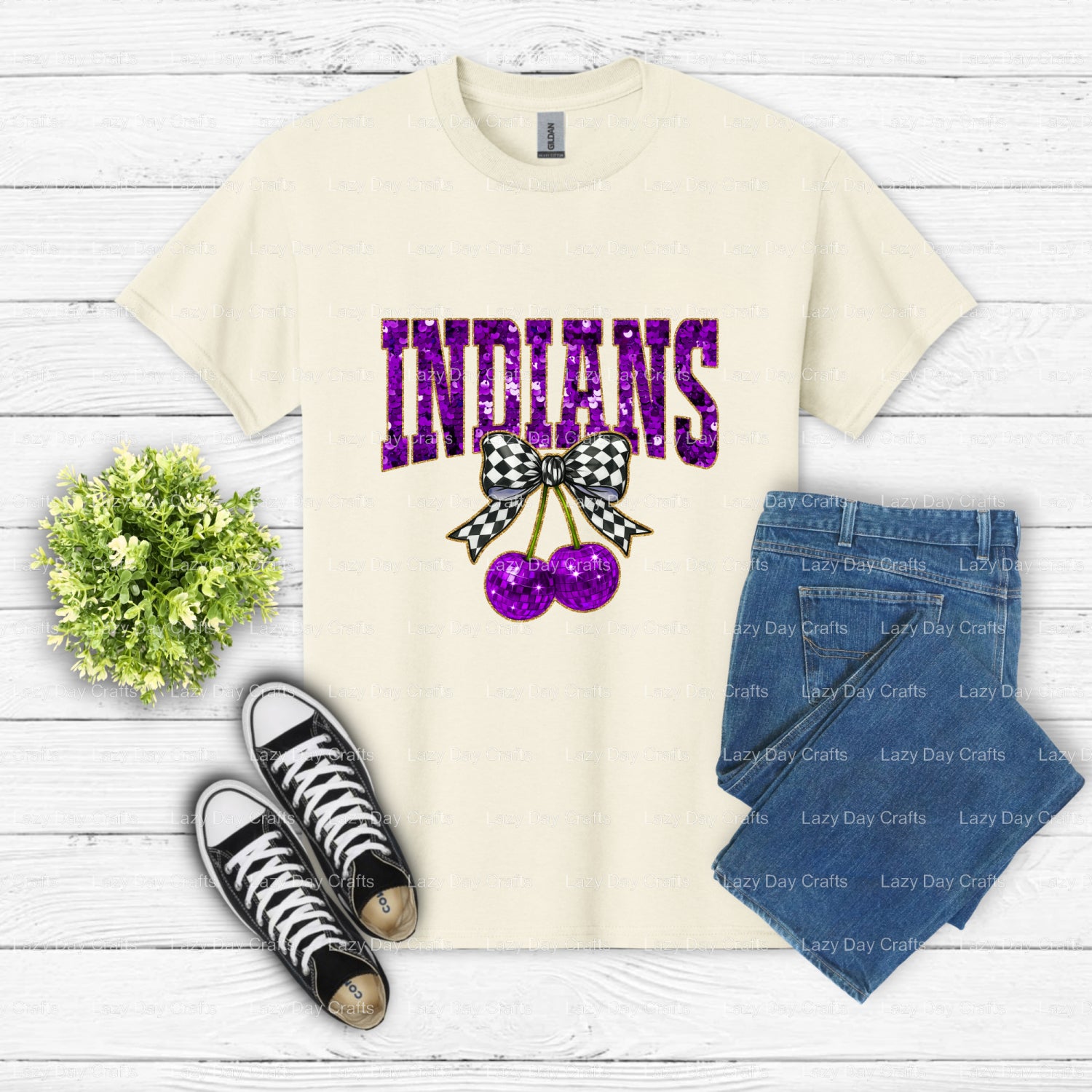 Purple Sequin Indians Mascot – School Spirit DTF Transfer (view 2 of 2) – by Lazy Day Crafts – DTF Transfers – School Masc...