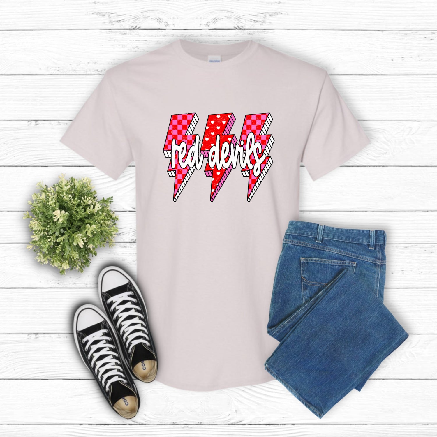 Red Devil Mascot '00' Jersey – School Spirit DTF Transfer (view 2 of 2) – by Lazy Day Crafts – DTF Transfers – School Masc...
