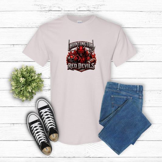 Red Devil Mascot with Flag – School Spirit DTF Transfer (view 1 of 2) – by Lazy Day Crafts – DTF Transfers – School Mascot...