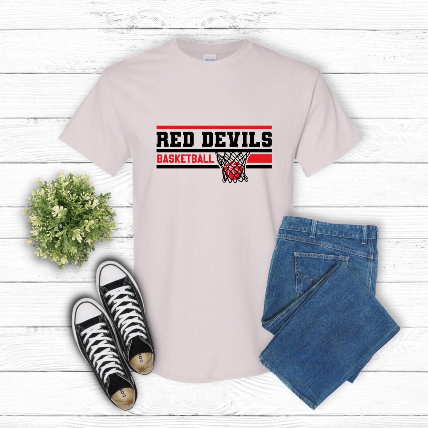 Red Devil Mascot with Jersey & Trident – School Spirit DTF Transfer (view 1 of 2) – by Lazy Day Crafts – DTF Transfers – S...